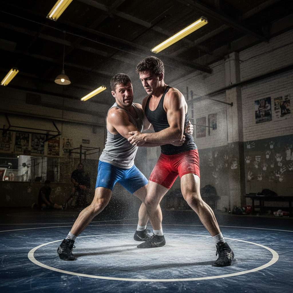 Two wrestlers drilling takedown technique in low light gym with chalk dust