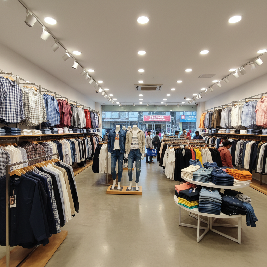 Bright airy retail store with rows of colourful western clothing — jeans, shirts, and casual wear on hangers under warm white lighting