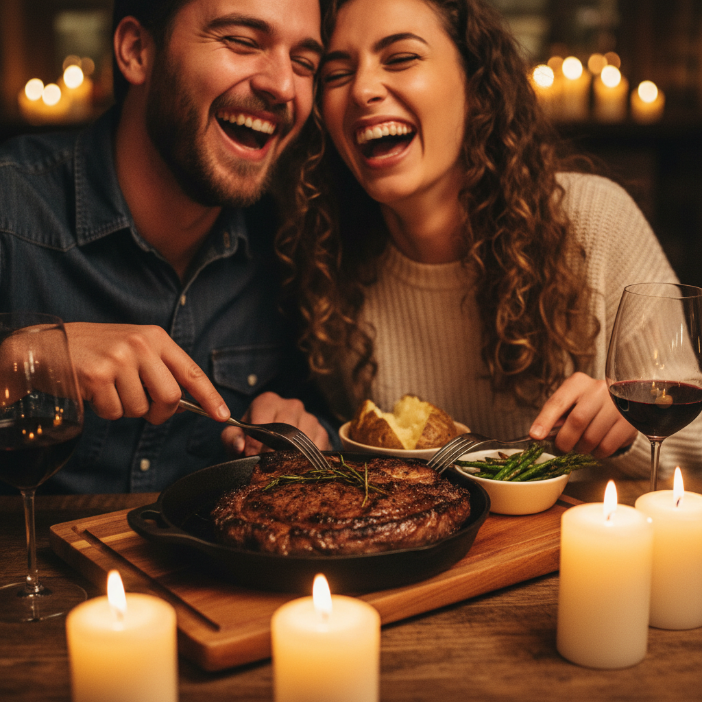Couple laughing over a shared porterhouse in warm candlelight