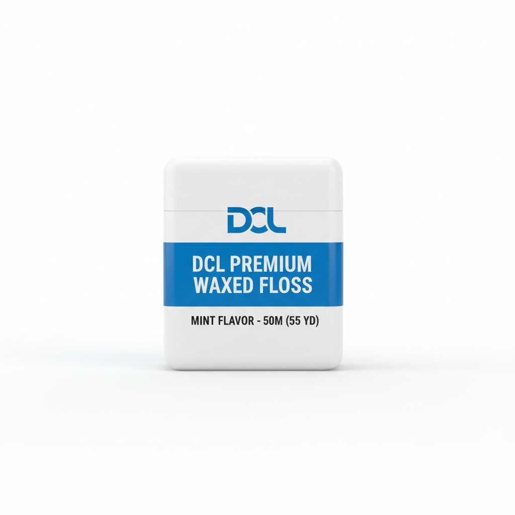 DCL Premium Waxed Floss in compact white packaging with blue stripe on white background