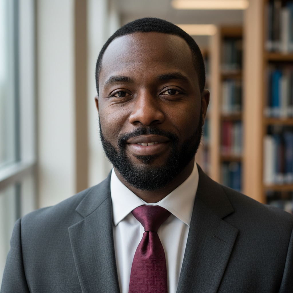 Portrait of an older African academic man in formal wear, distinguished expression, professional setting