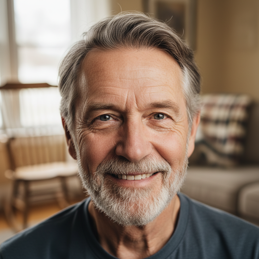 Older gentleman with kind eyes and grey hair, proud grandparent