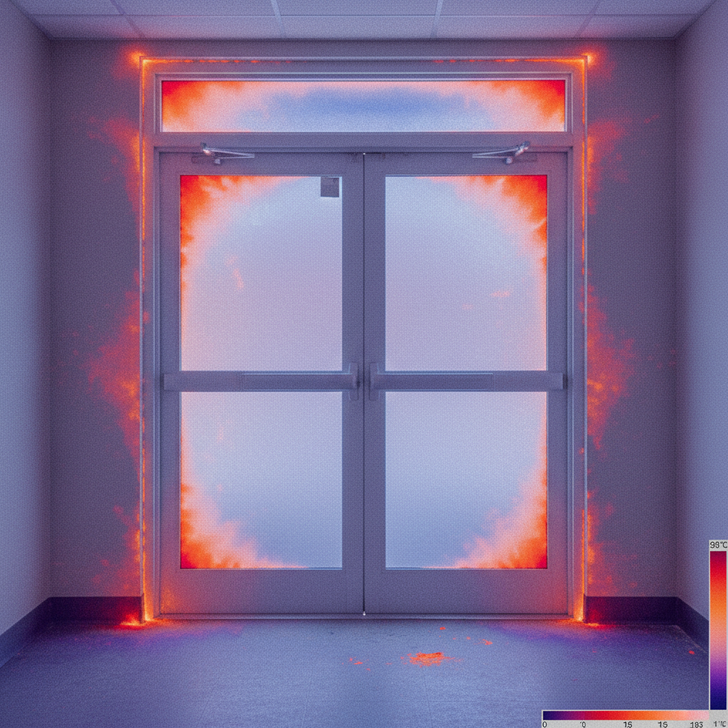 Thermal imaging scan showing air infiltration in orange and red around a commercial door frame, with blue and purple cool zones