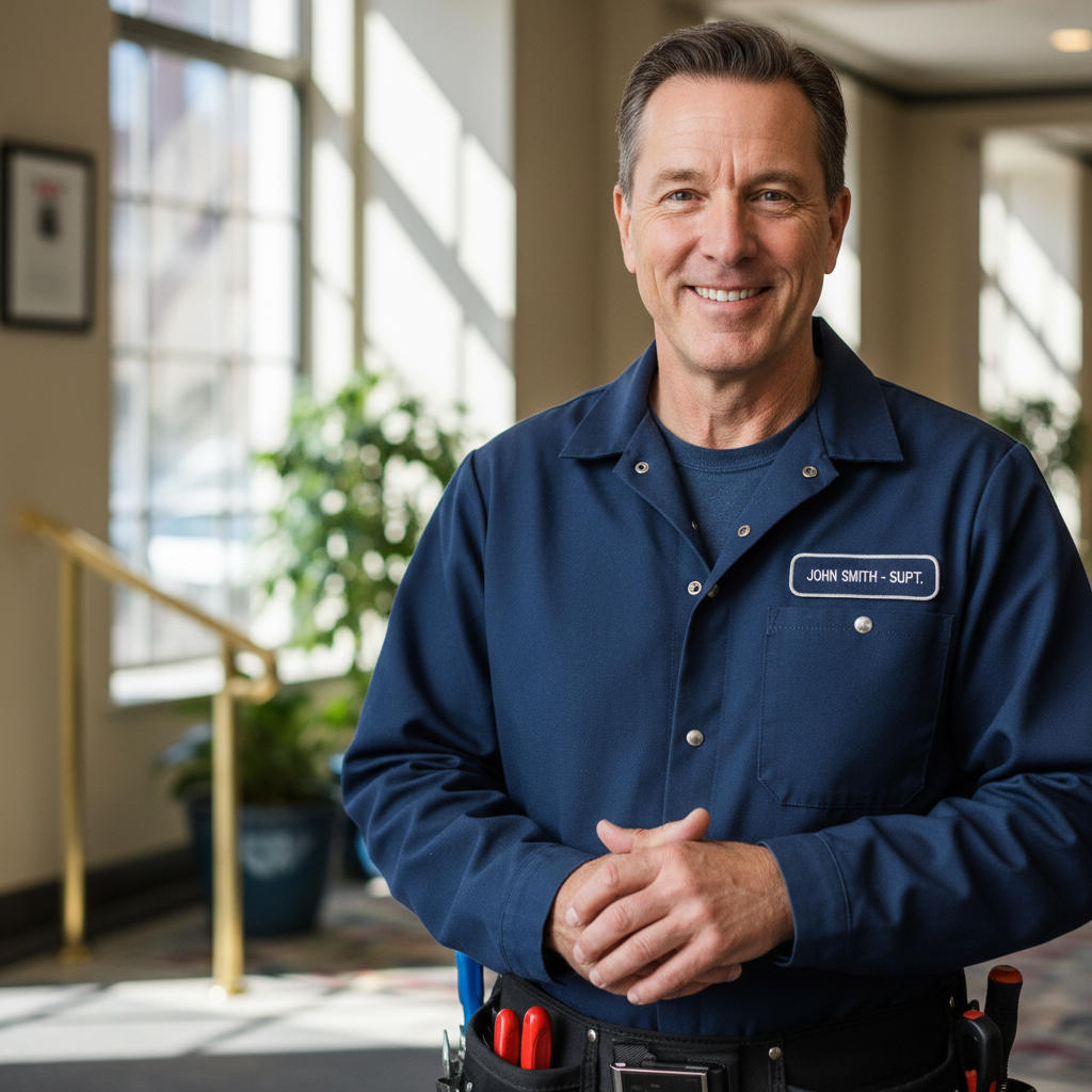 Professional building superintendent smiling in work attire