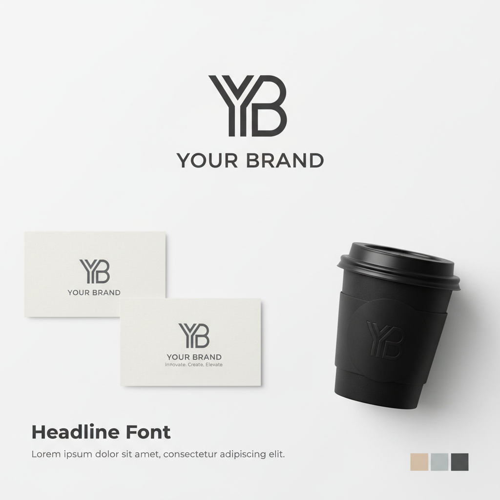 Minimalist brand identity design spread on white background with logo mockups and typography samples