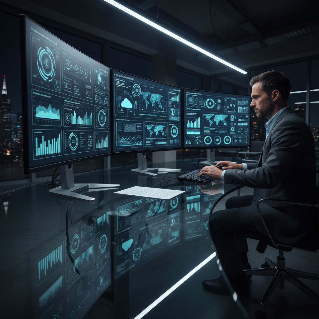 Developer reviewing digital transformation dashboard with multiple data visualization screens
