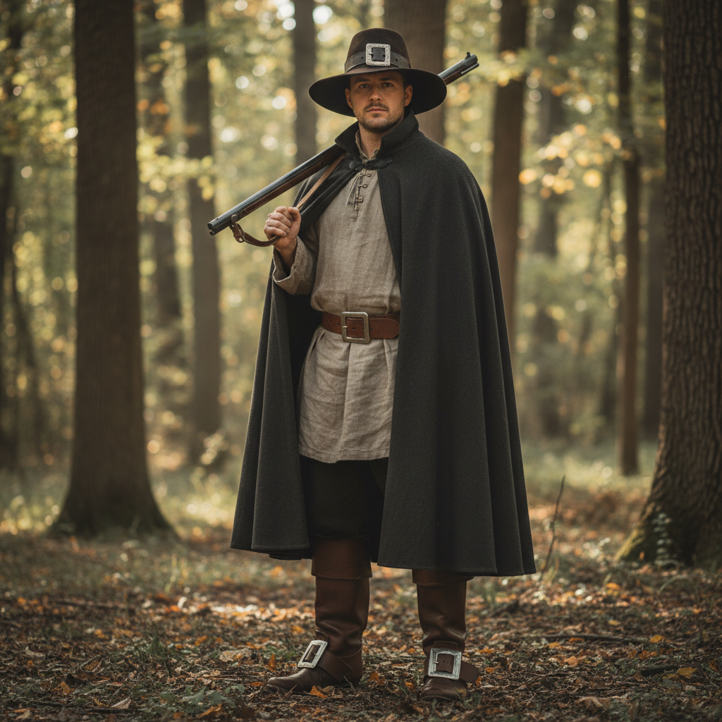Man wearing pilgrim buckle boots and hat combo