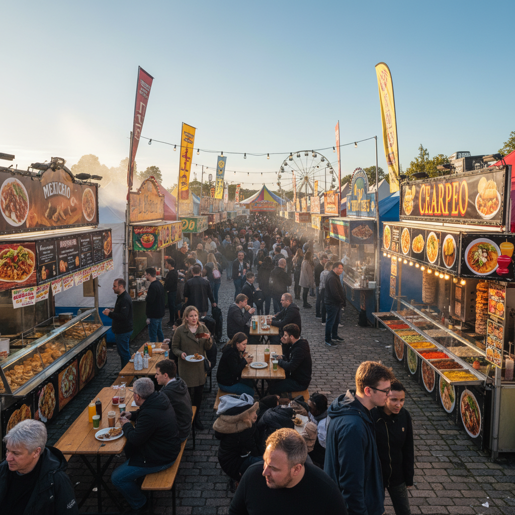 Toidufestival, erinevad toiduputkad, inimesed maitsvad toitu, värvikas atmosfäär
