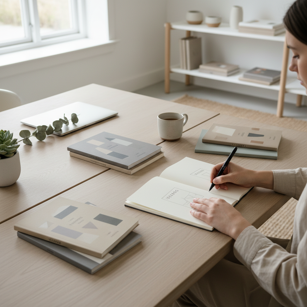 Person typing on clean white keyboard with notebook on bright minimalist desk