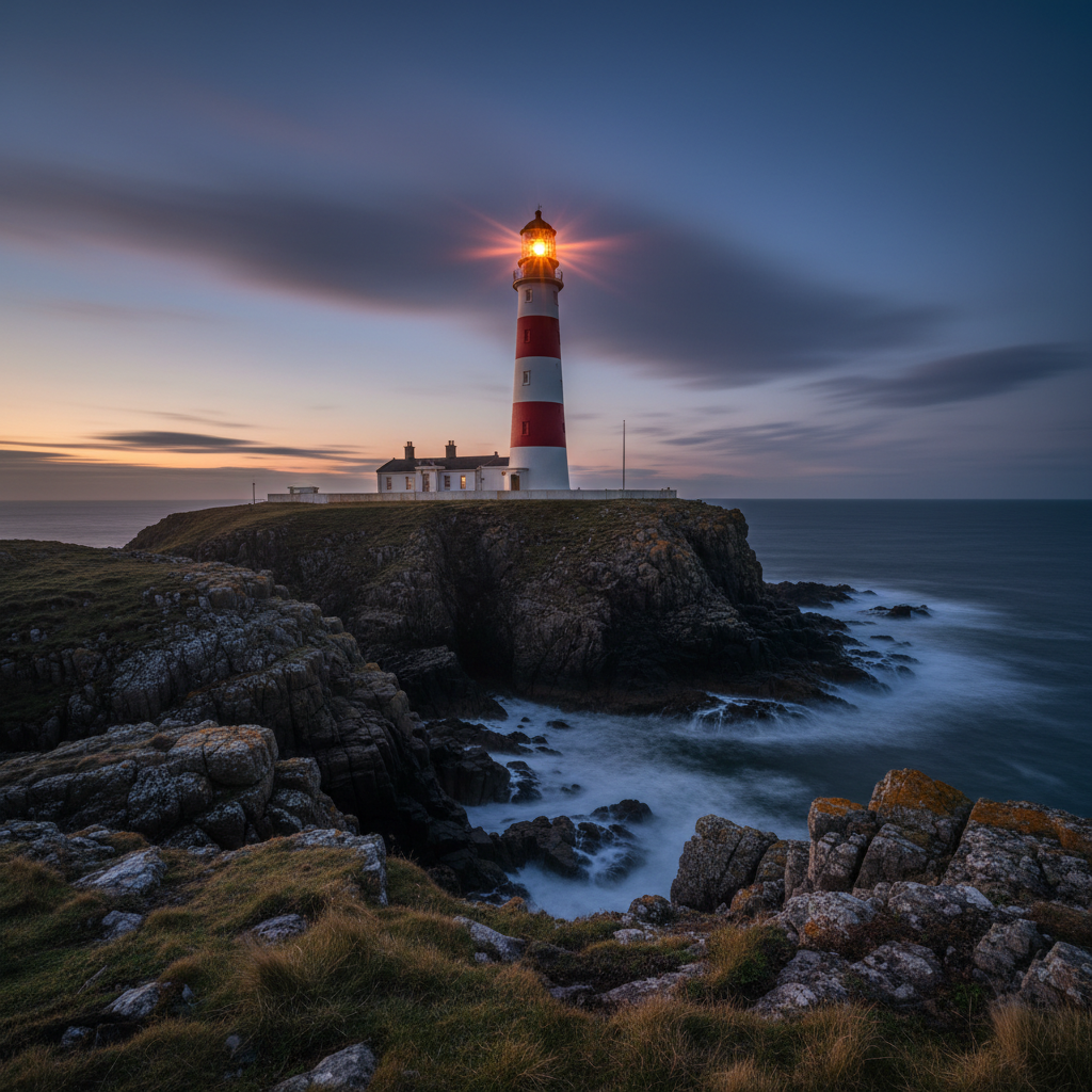 Red and white lighthouse tower at dusk on Scottish headland with amber light beginning to glow