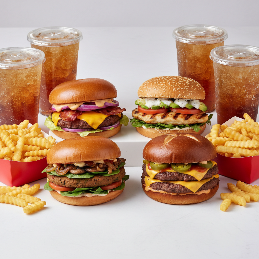 Family Box - 4 Burgers + 2 Large fries + 4 Drinks + Onion rings