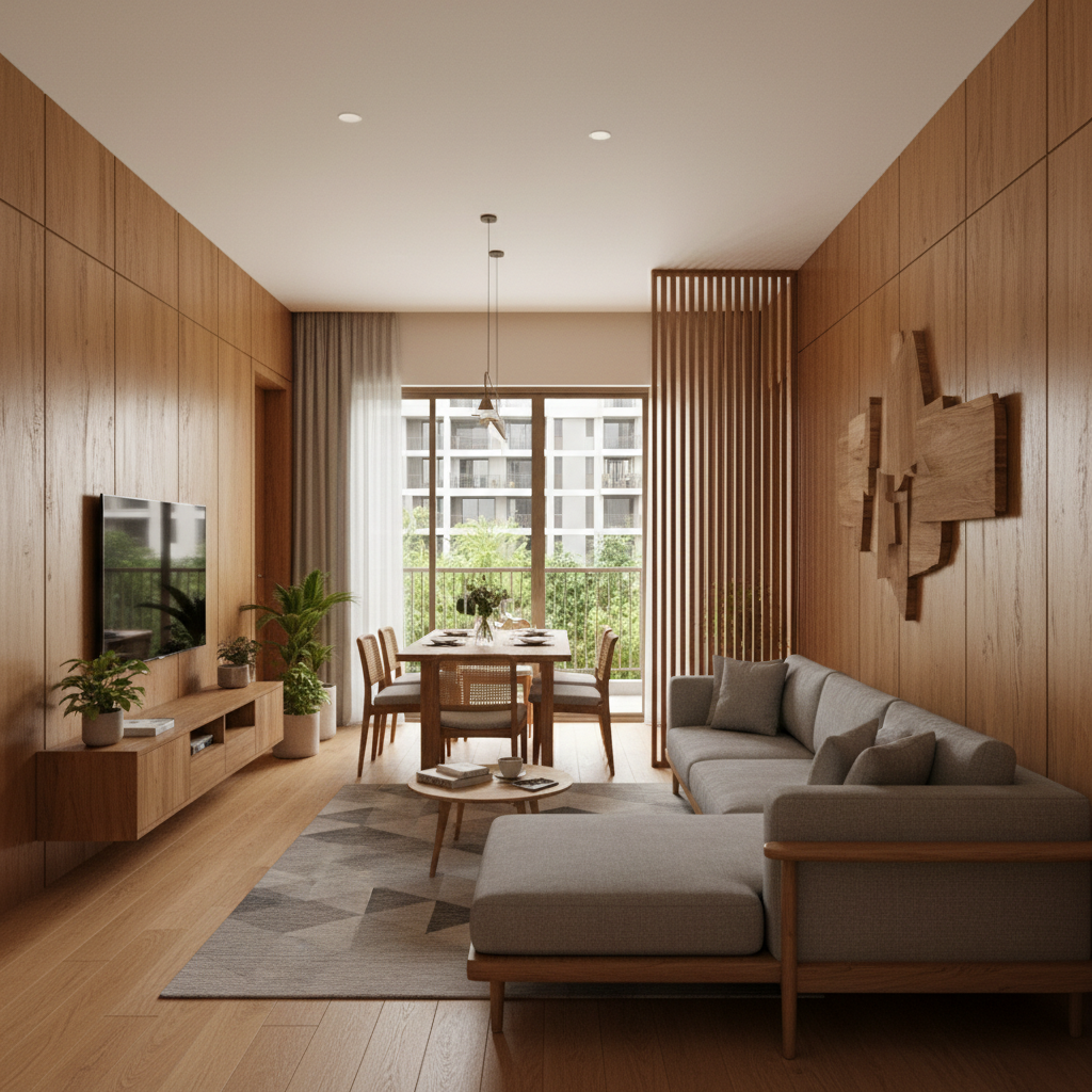 Modern 2BHK with wooden interiors in Pune gated society