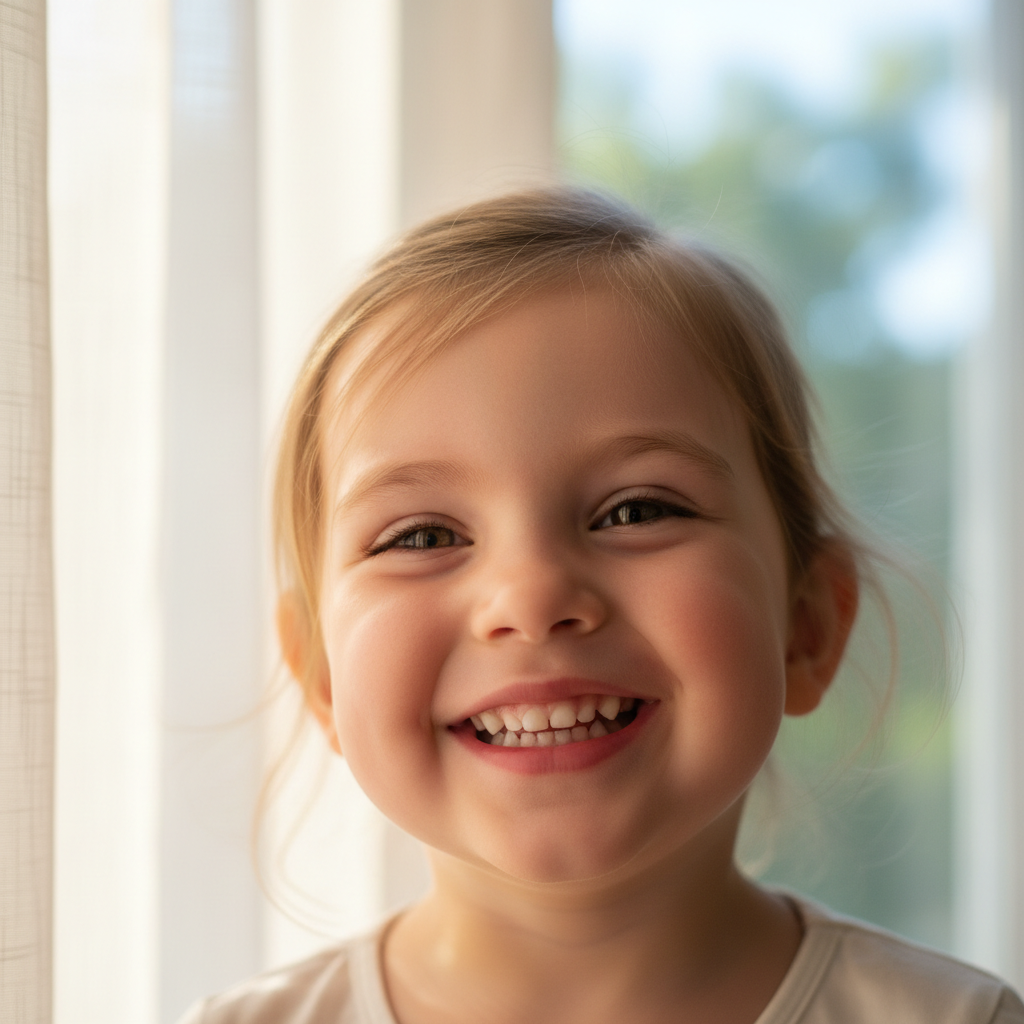 Sharp, joyful portrait of child with beautiful natural light and perfect exposure