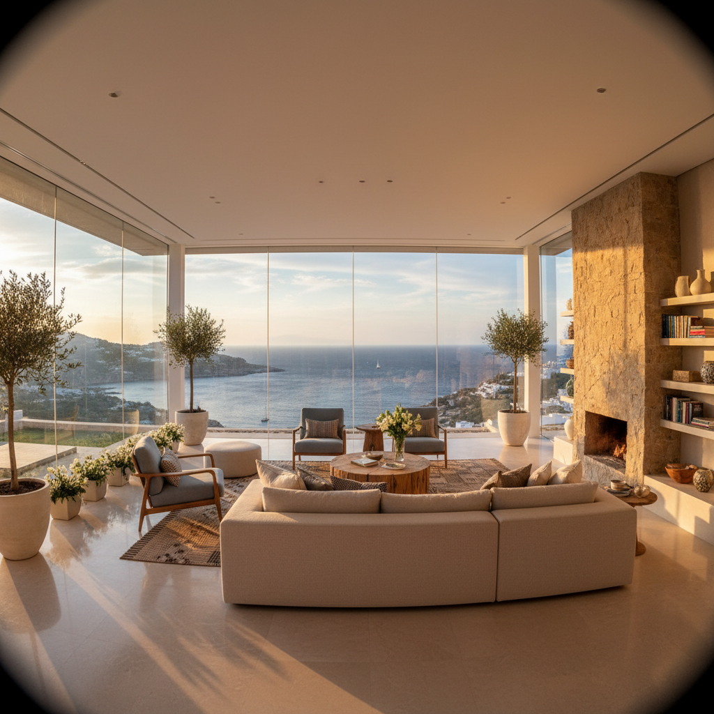 Résidence contemporaine Côte d'Azur, salon ouvert lumineux avec vue mer, finitions haut de gamme dorées