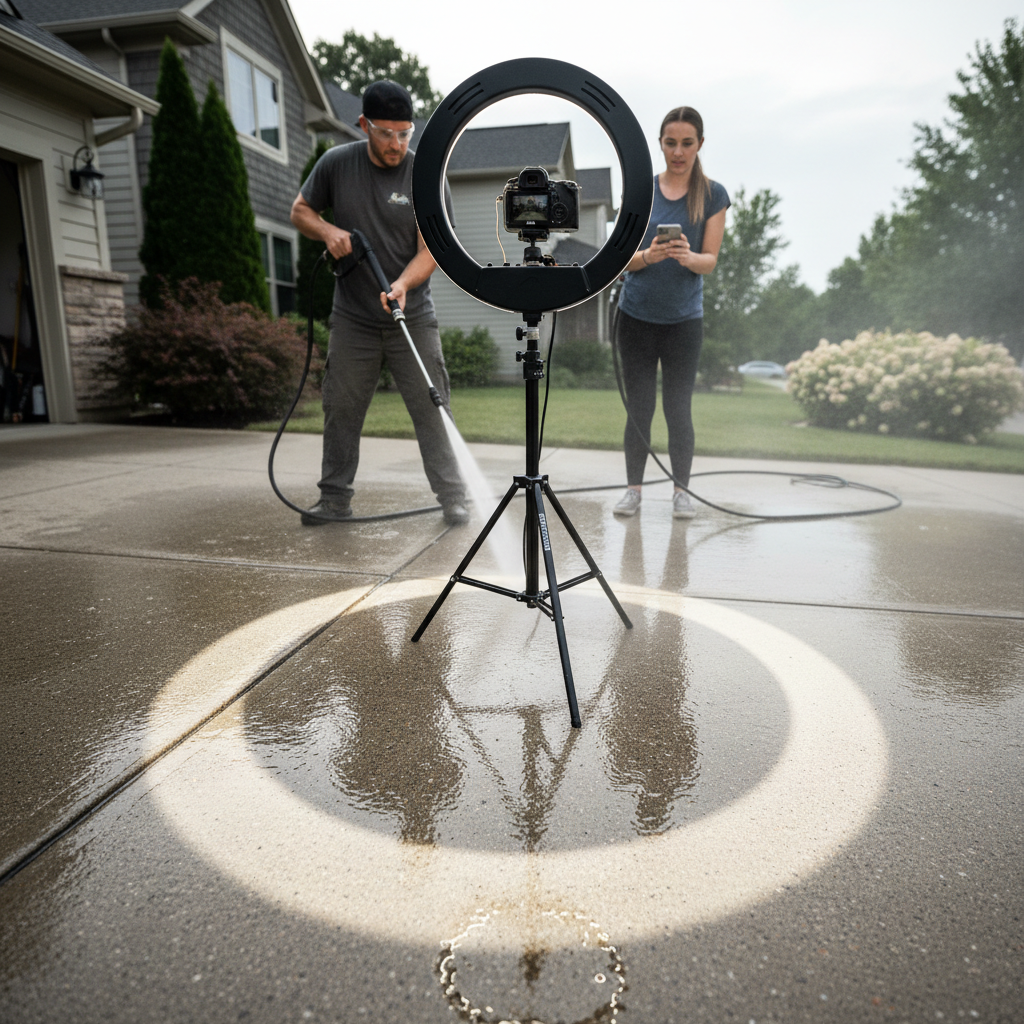 Creator filming a pressure washing job, ring light reflected in wet driveway