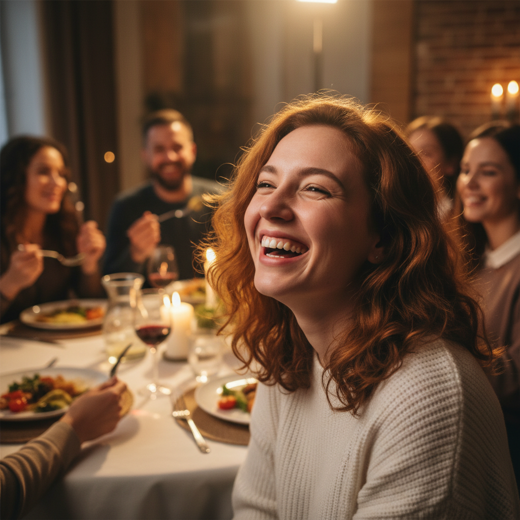 Young woman laughing at family dinner
