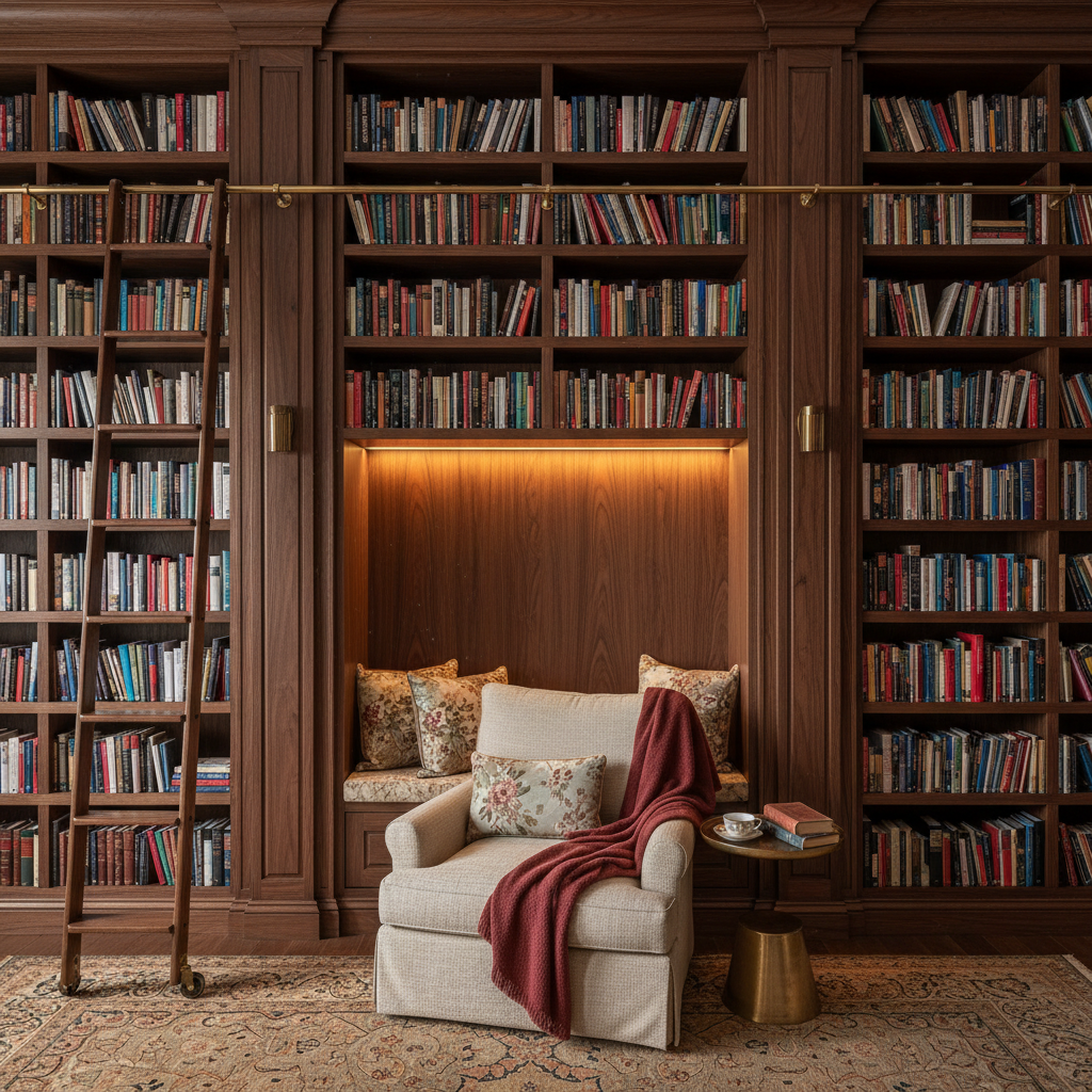 Floor to ceiling custom walnut built-in wall shelving with integrated LED lighting