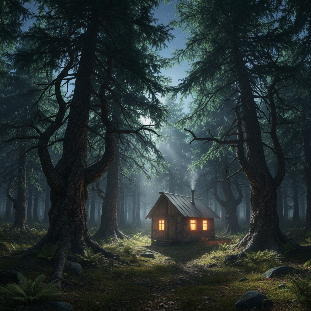 Tiny house tucked into an old-growth spruce forest with zero light pollution at night