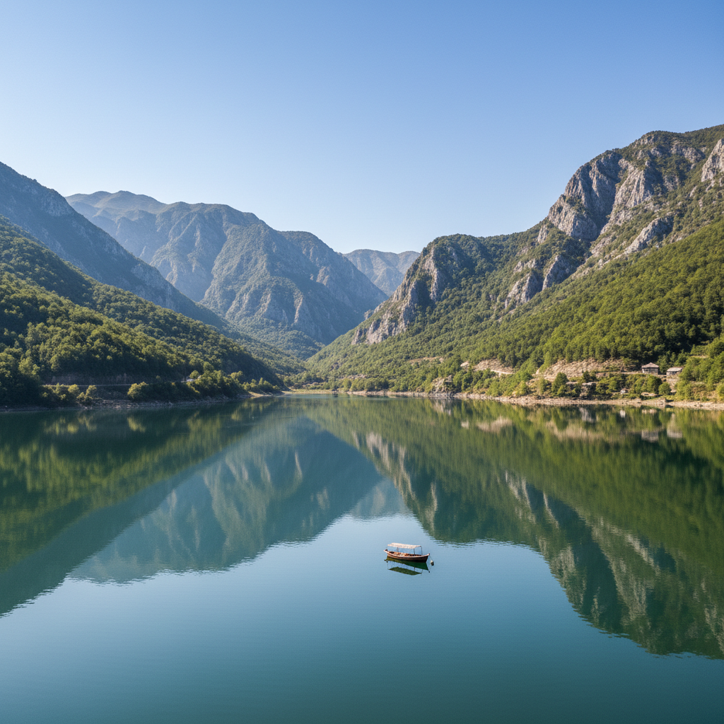 Pamje e liqenit artificial të Vaut të Dejës me male
