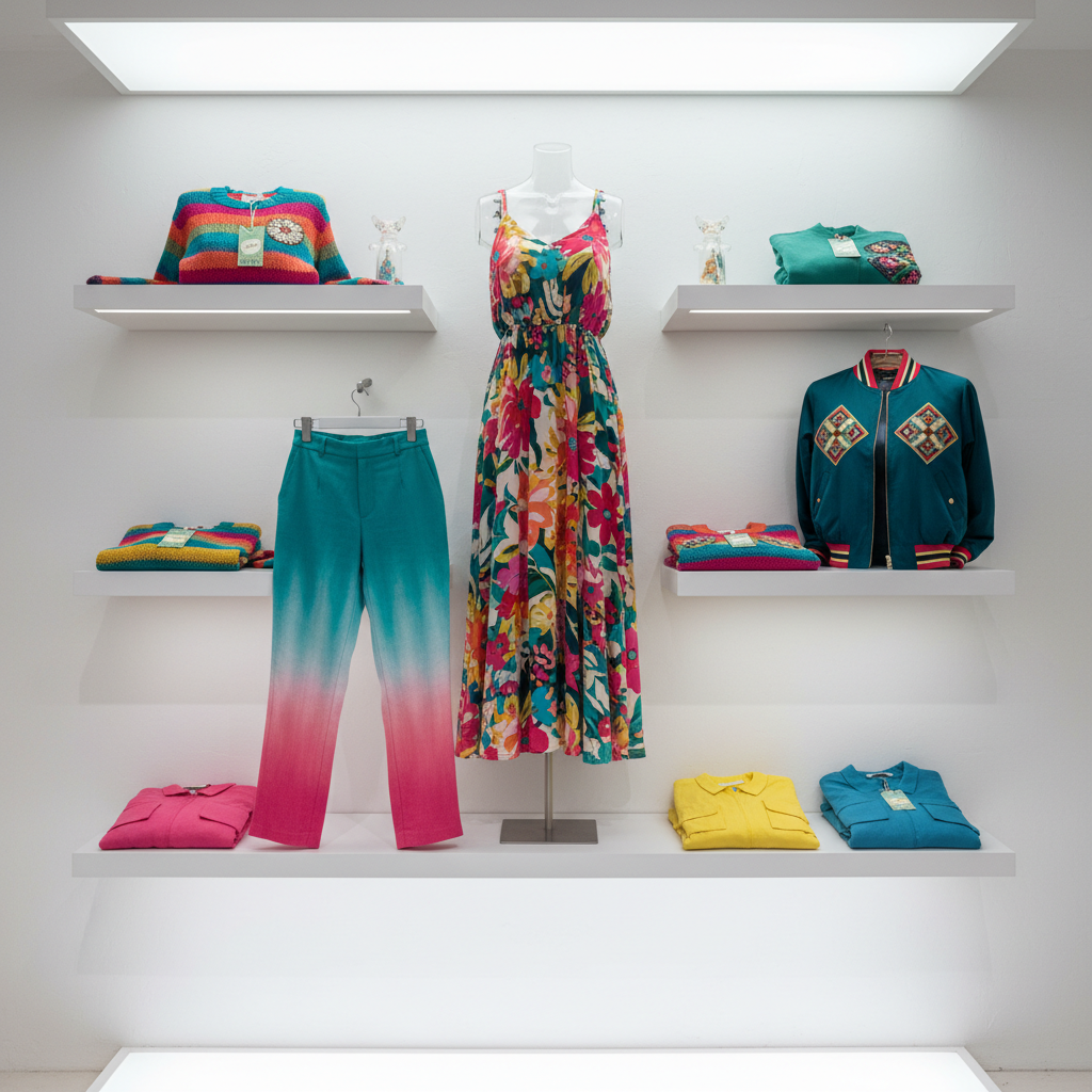 New product arrivals display with clean bright styling on white shelves, minimal lighting