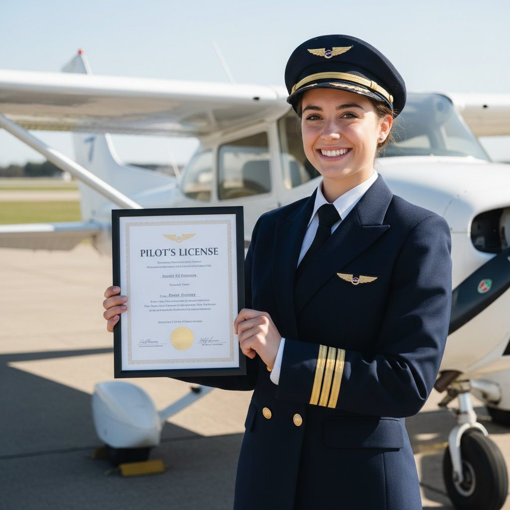 Annika Johansson, newly certified private pilot, holding her pilot certificate beside a Cessna 172 on a clear day