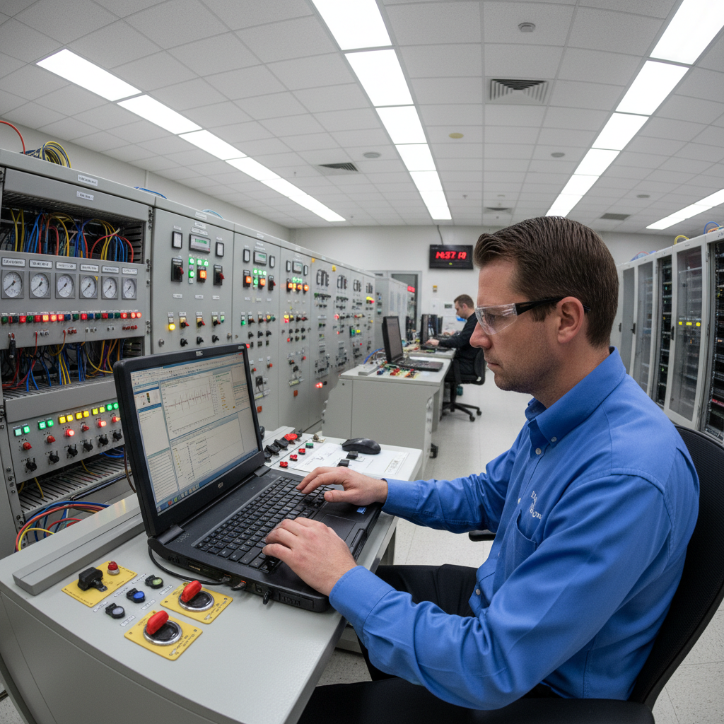 Engineer reviewing relay test data on a laptop inside a newly built substation control room