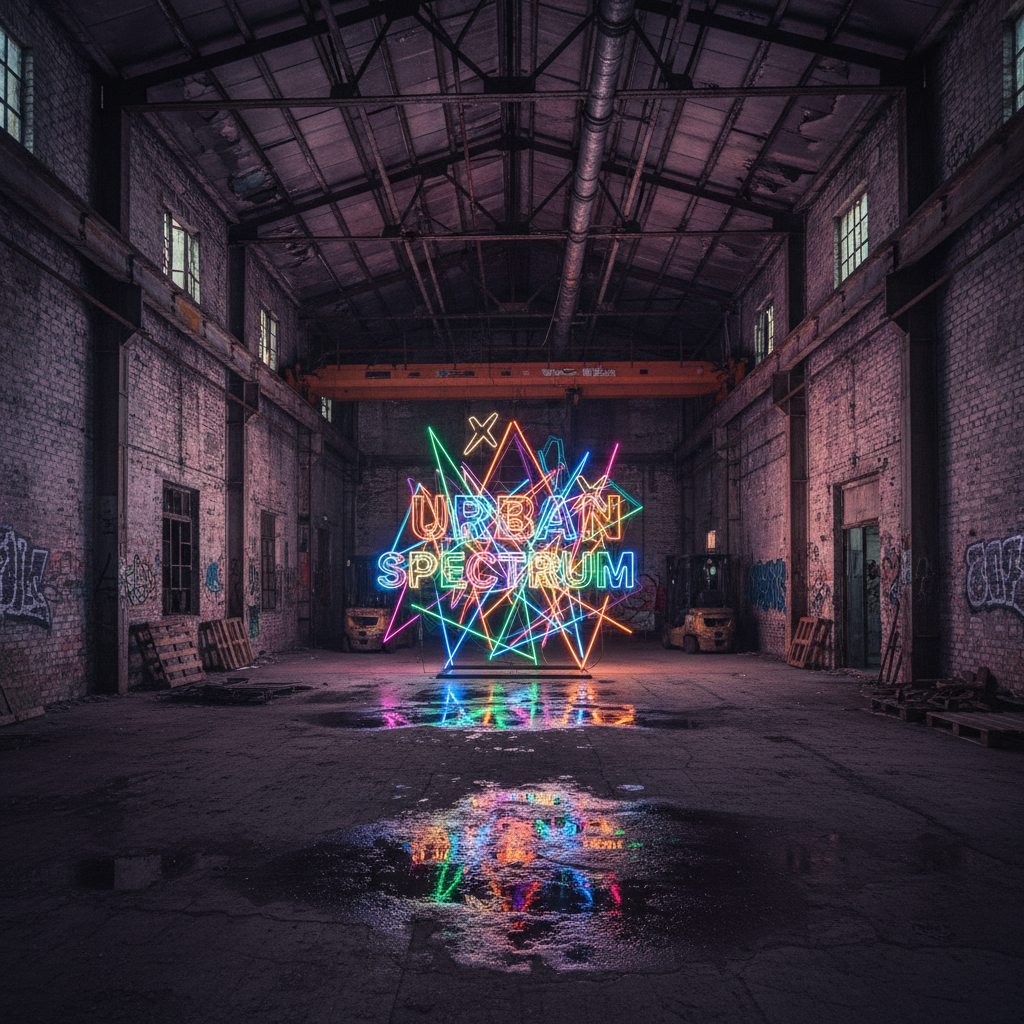 Raw warehouse interior with dramatic neon art installation