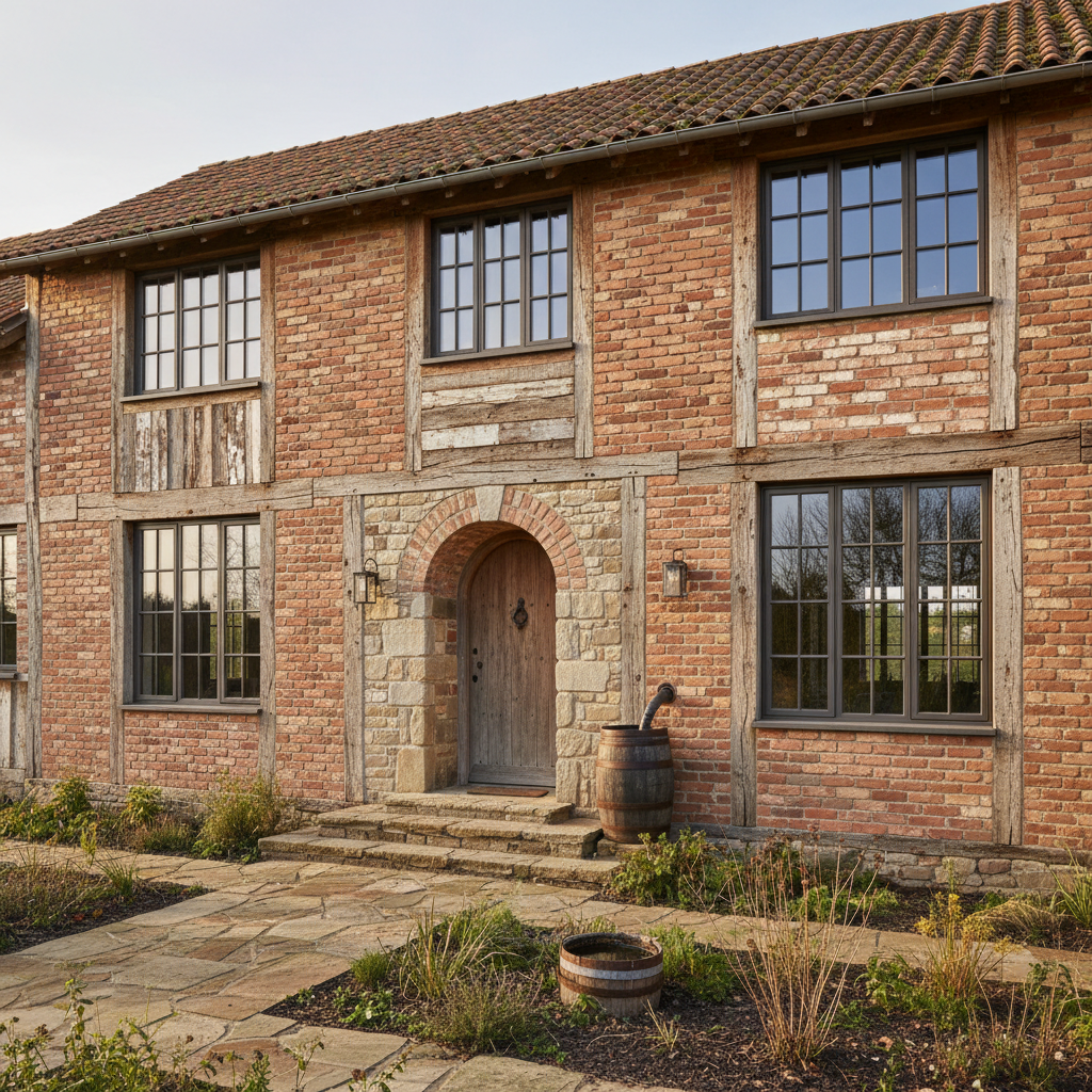 Self-build home exterior showing new handmade bricks blending naturally with reclaimed materials, countryside setting