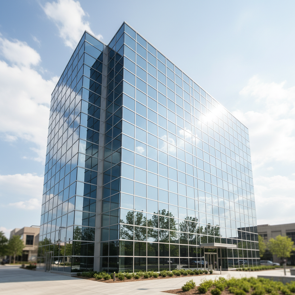 Custom aluminum curtain wall system on commercial building, precision engineering, industrial aesthetic