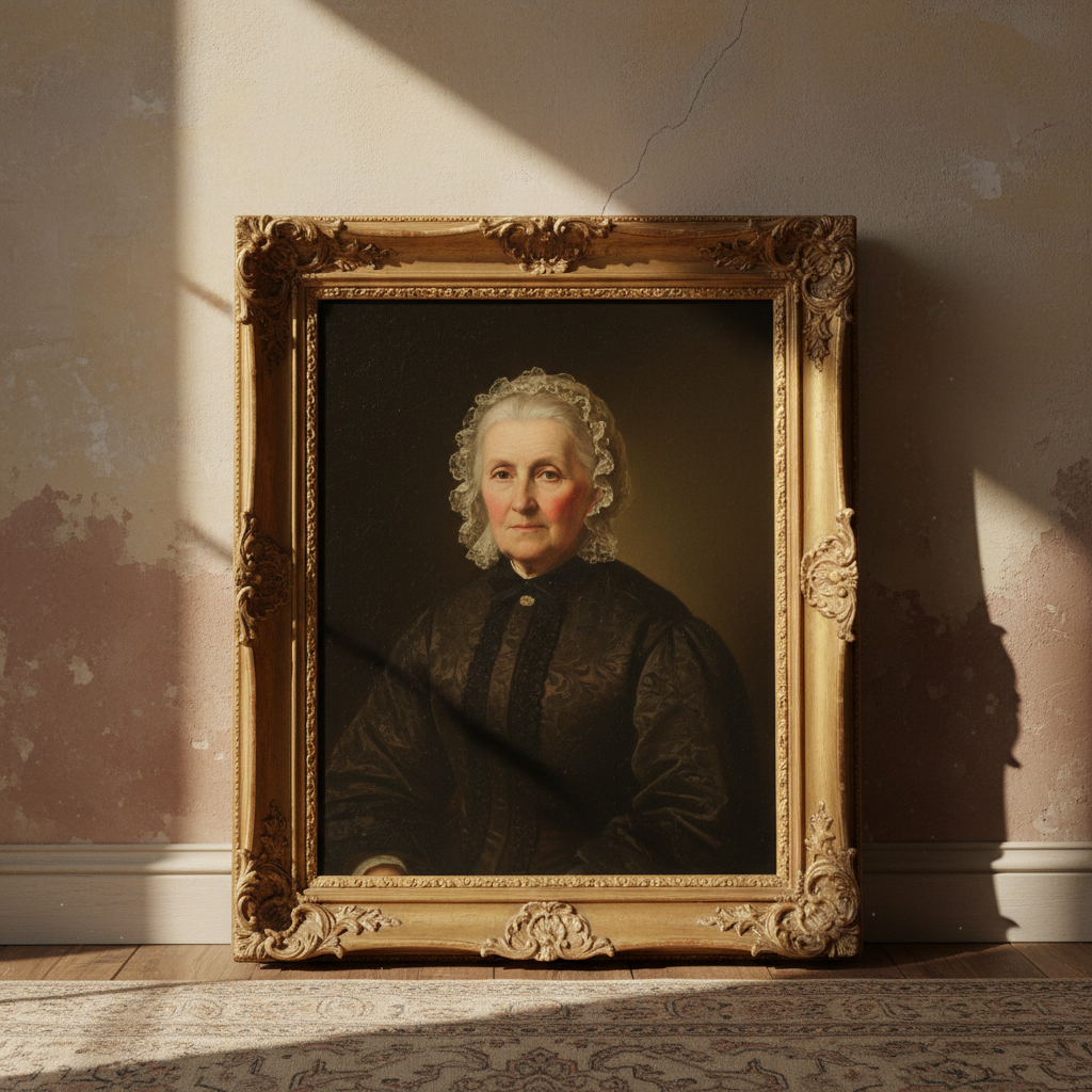 Vintage framed portrait painting in an ornate gilt frame leaning against a wall