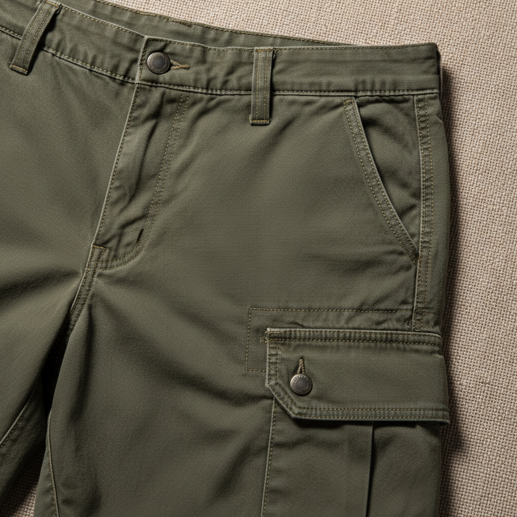 Dark cargo sweatpants with side pockets, product flat lay on textured black surface, moody editorial