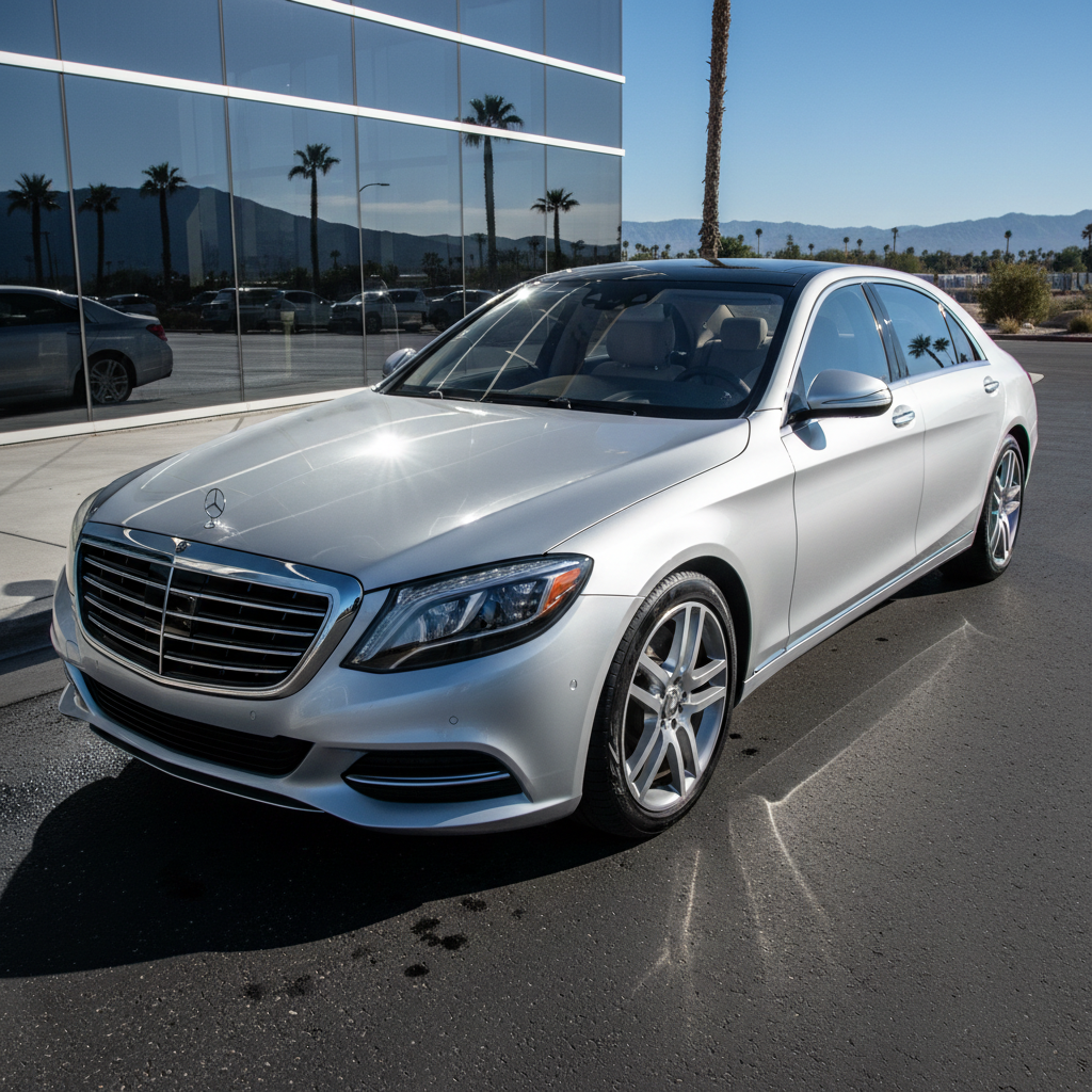 Silver Mercedes sedan with hot-wax shine reflecting sunlight at Suds