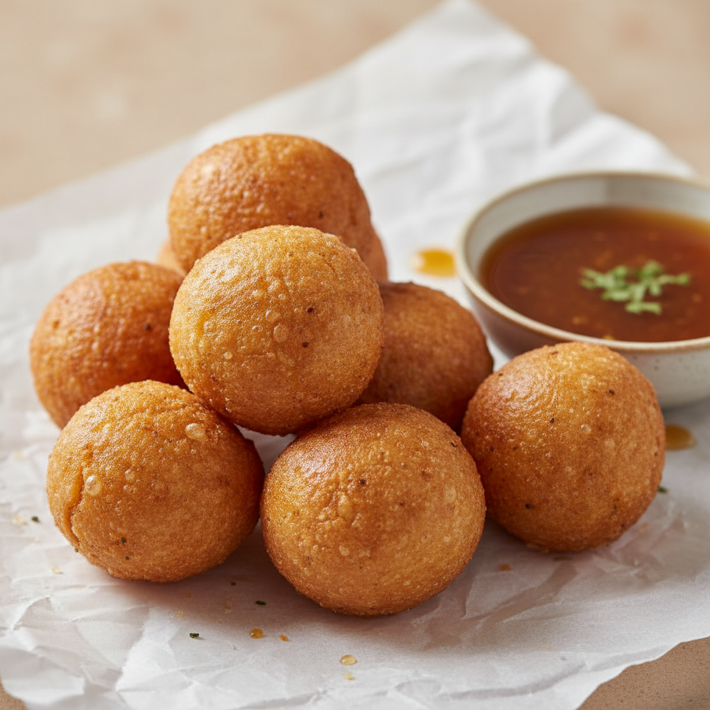 Golden fried pholourie balls with dipping sauce on paper