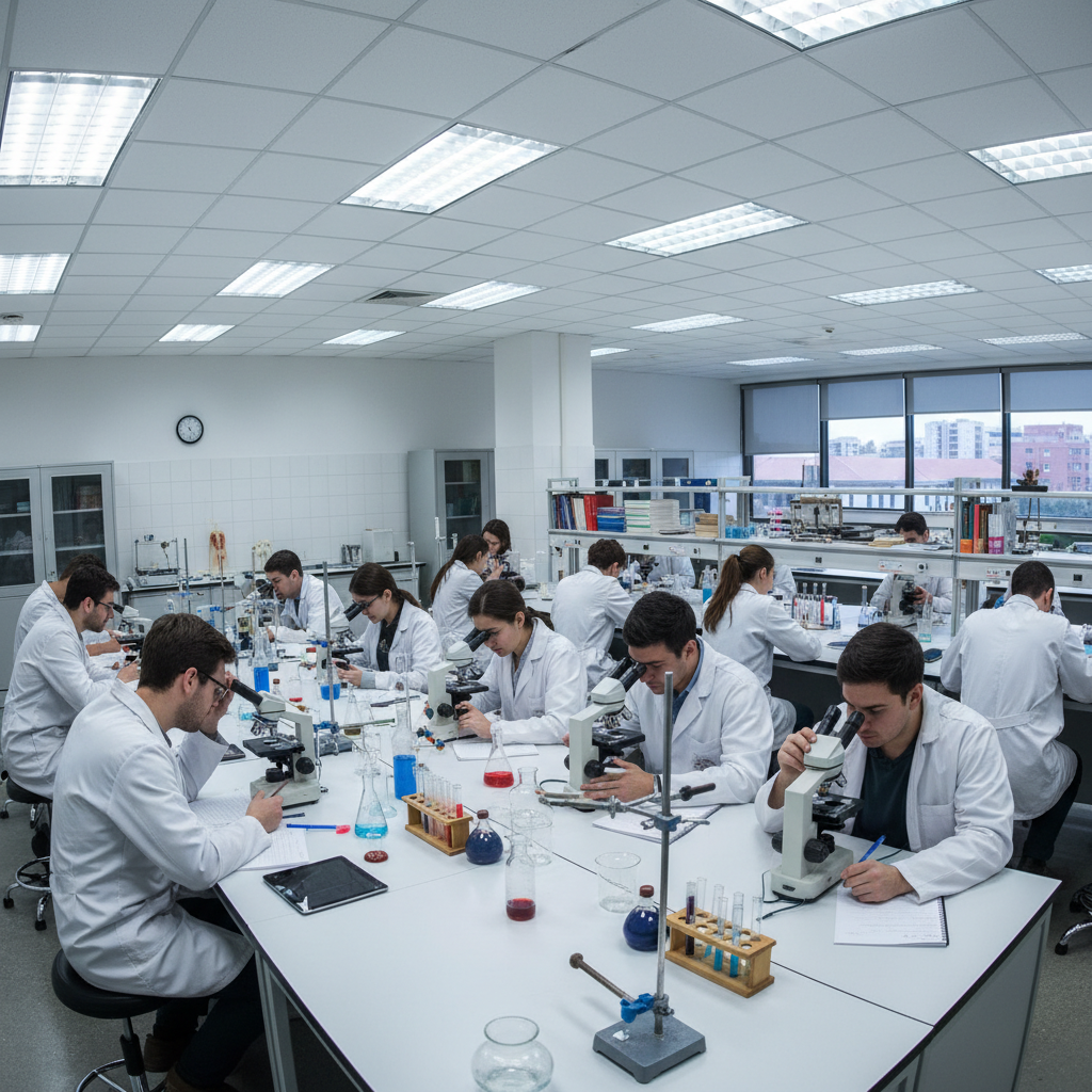 Science lab with equipment, blue-lit laboratory, microscopes, beakers, academic