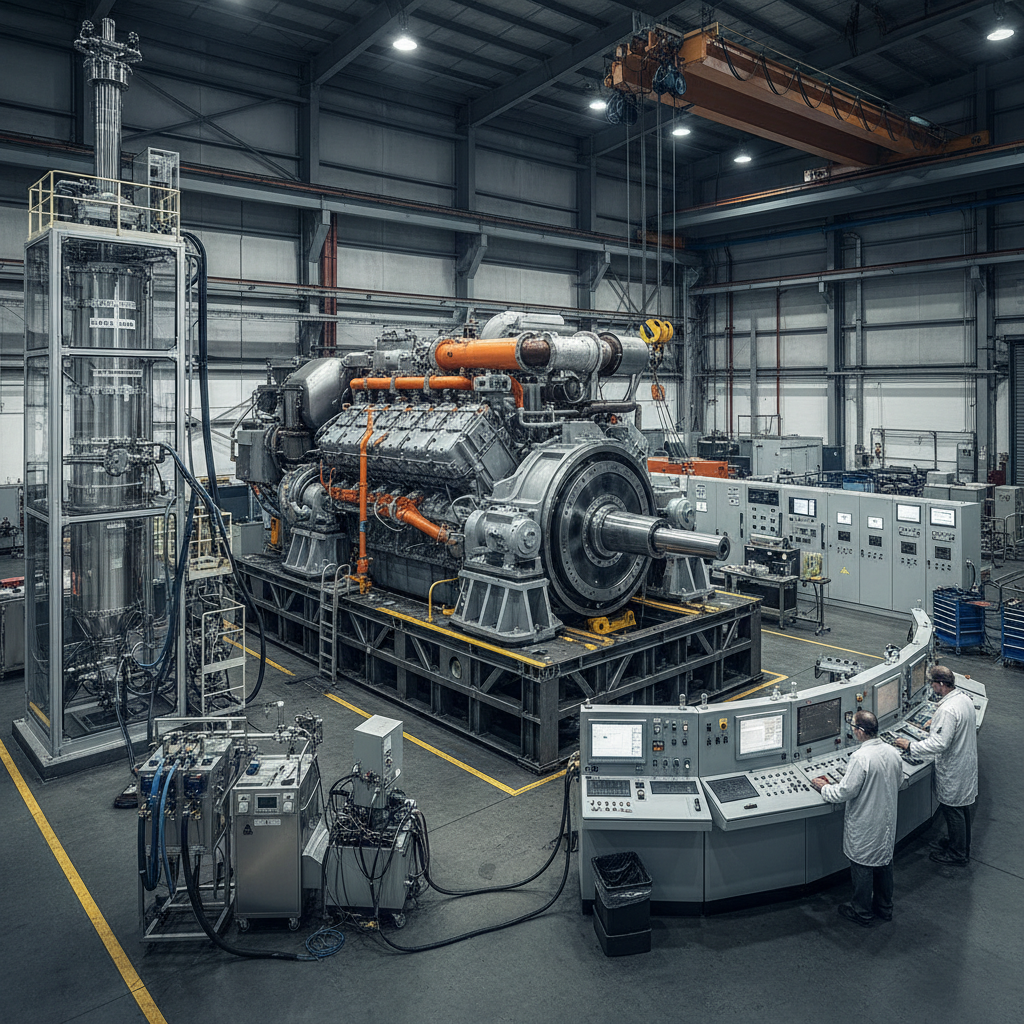 Large industrial engine mounted on dynamometer test bed with emission measurement equipment and control panels