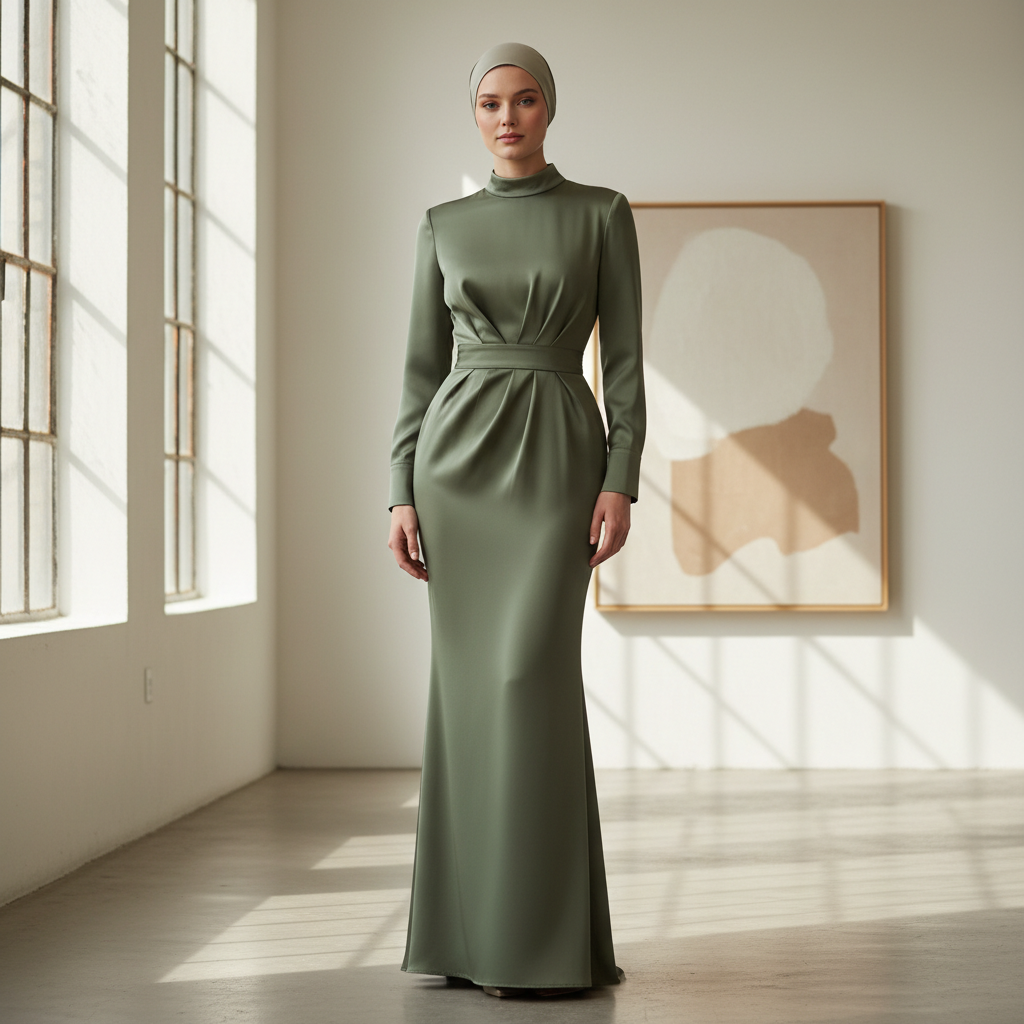 Model wearing fitted modest dress showing structured silhouette with appropriate coverage and elegant lines
