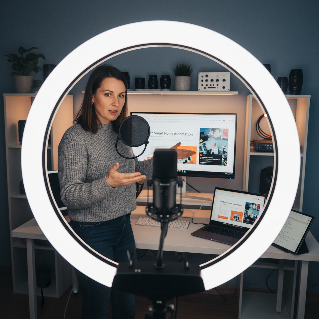 Online teacher recording video lesson on bright home studio setup with camera and microphone