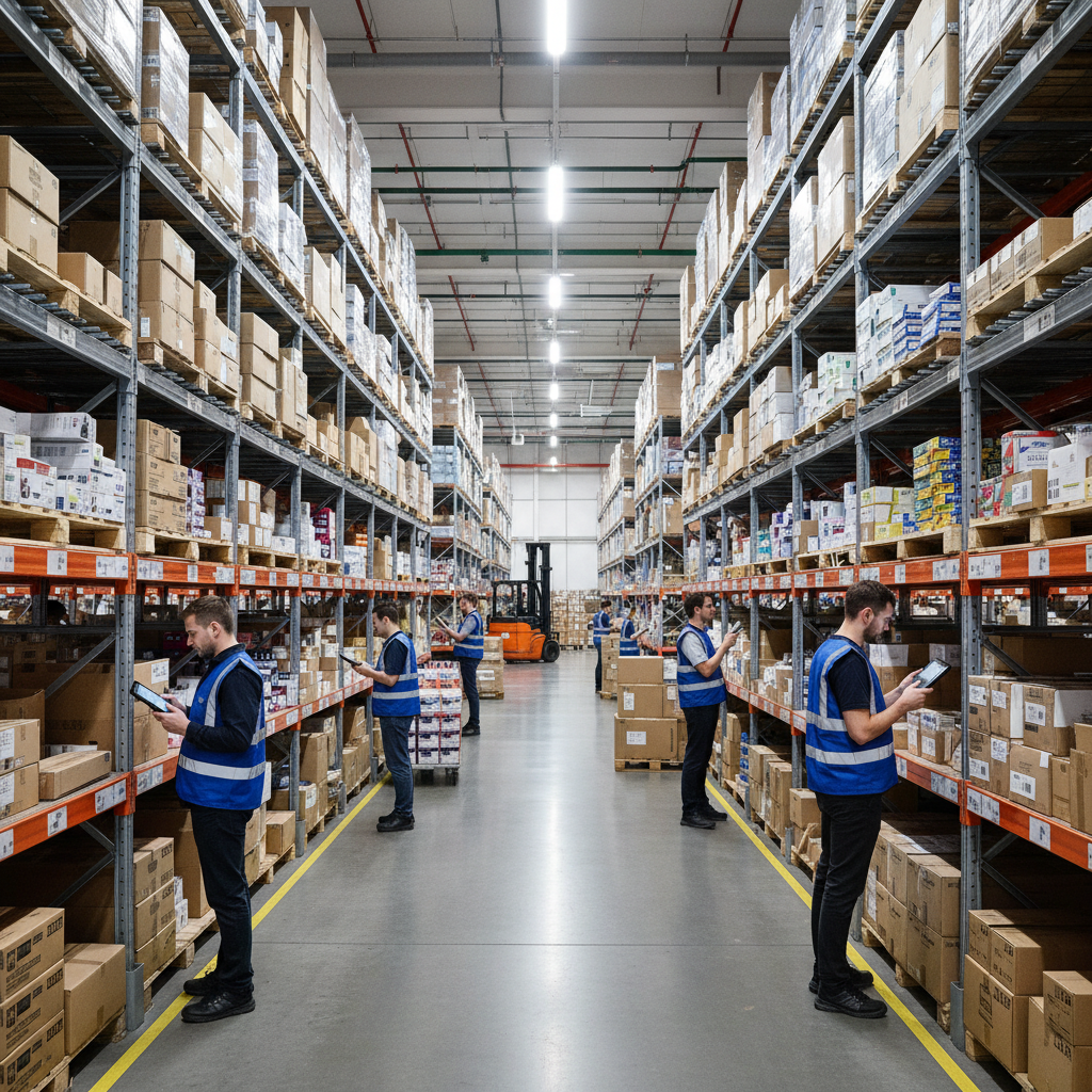 Worker scanning barcode on package with handheld device in organized warehouse aisle