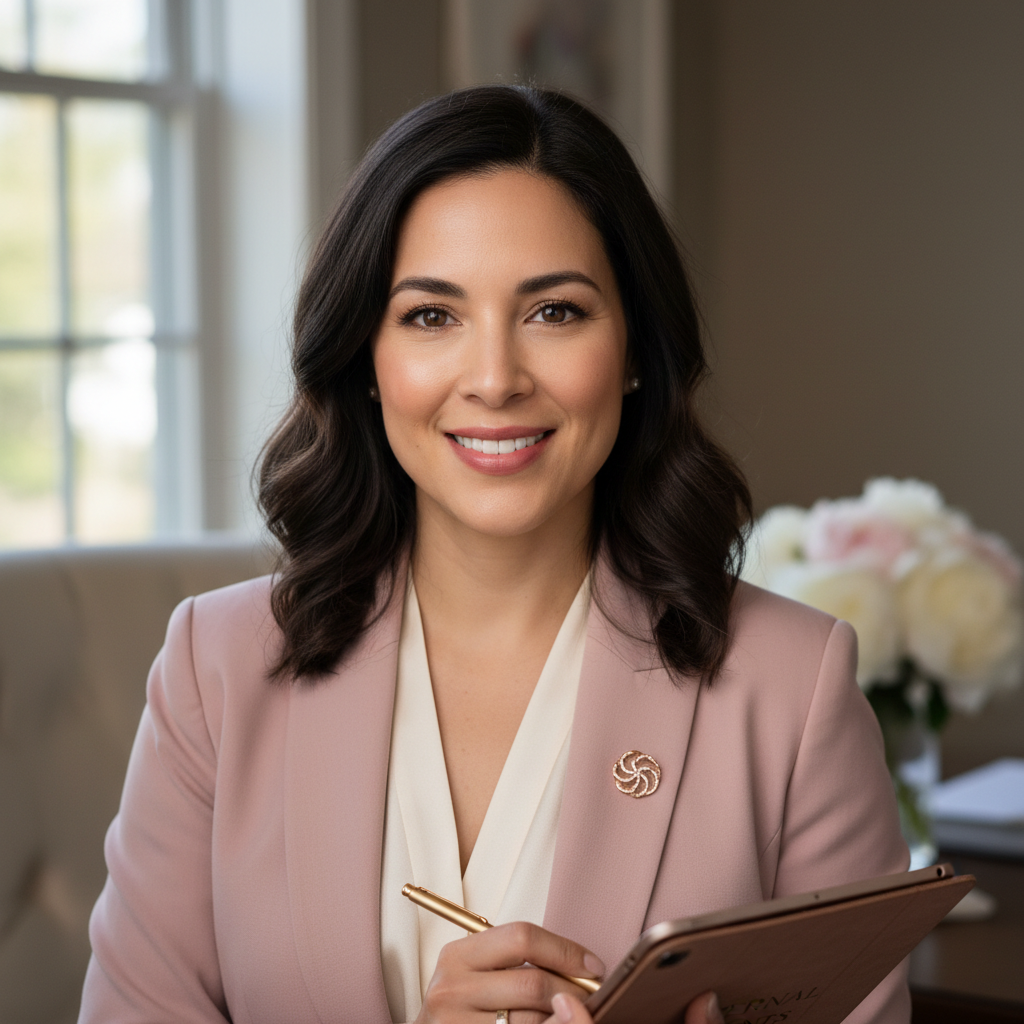 Female wine writer smiling in professional setting