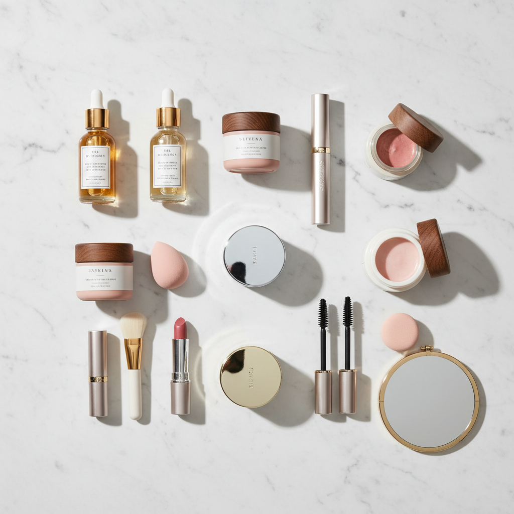 Beauty brand product line arranged artfully on dark marble surface low key studio lighting