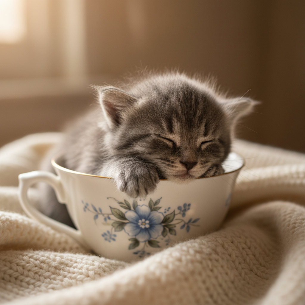 Tiny grey kitten Wren sleeping in a tea cup, surrounded by soft blanket folds