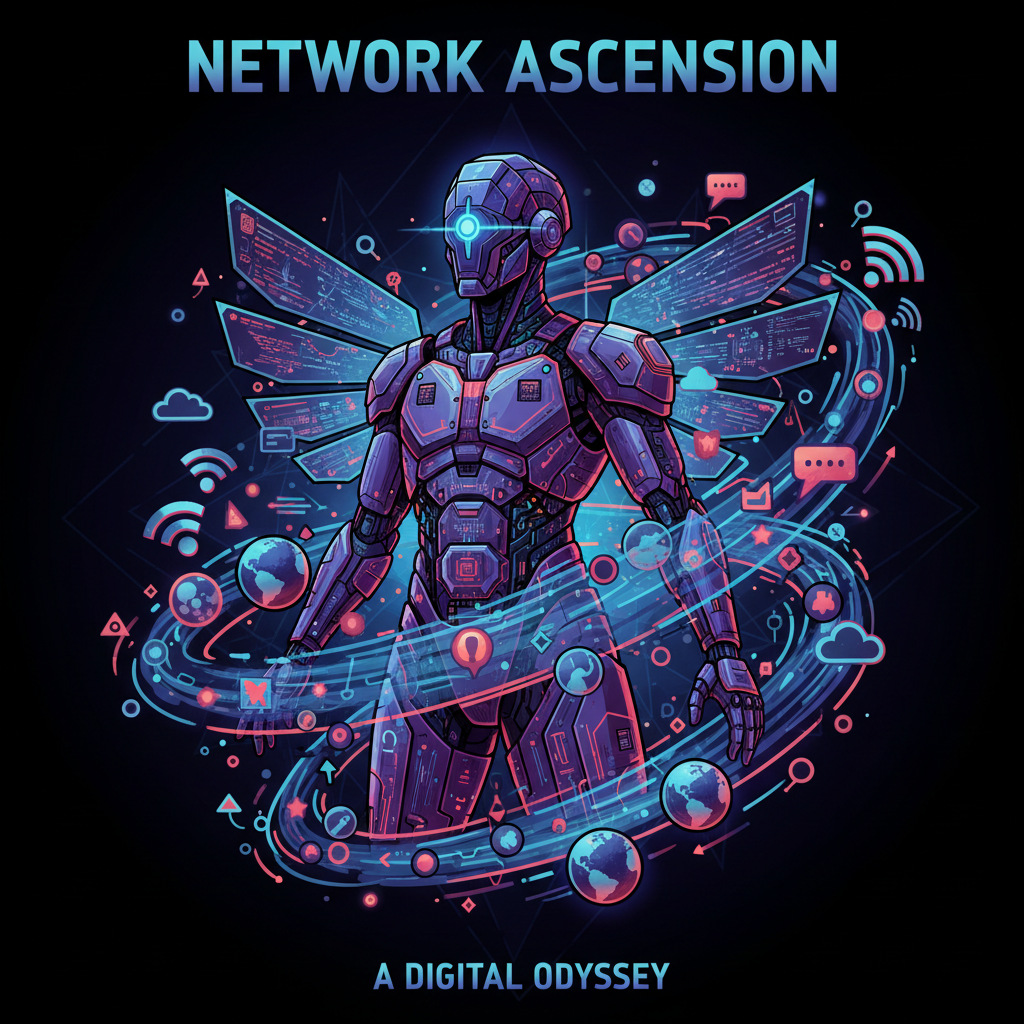 Richly layered digital cover illustration — a human figure surrounded by swirling internet iconography in deep saturated color