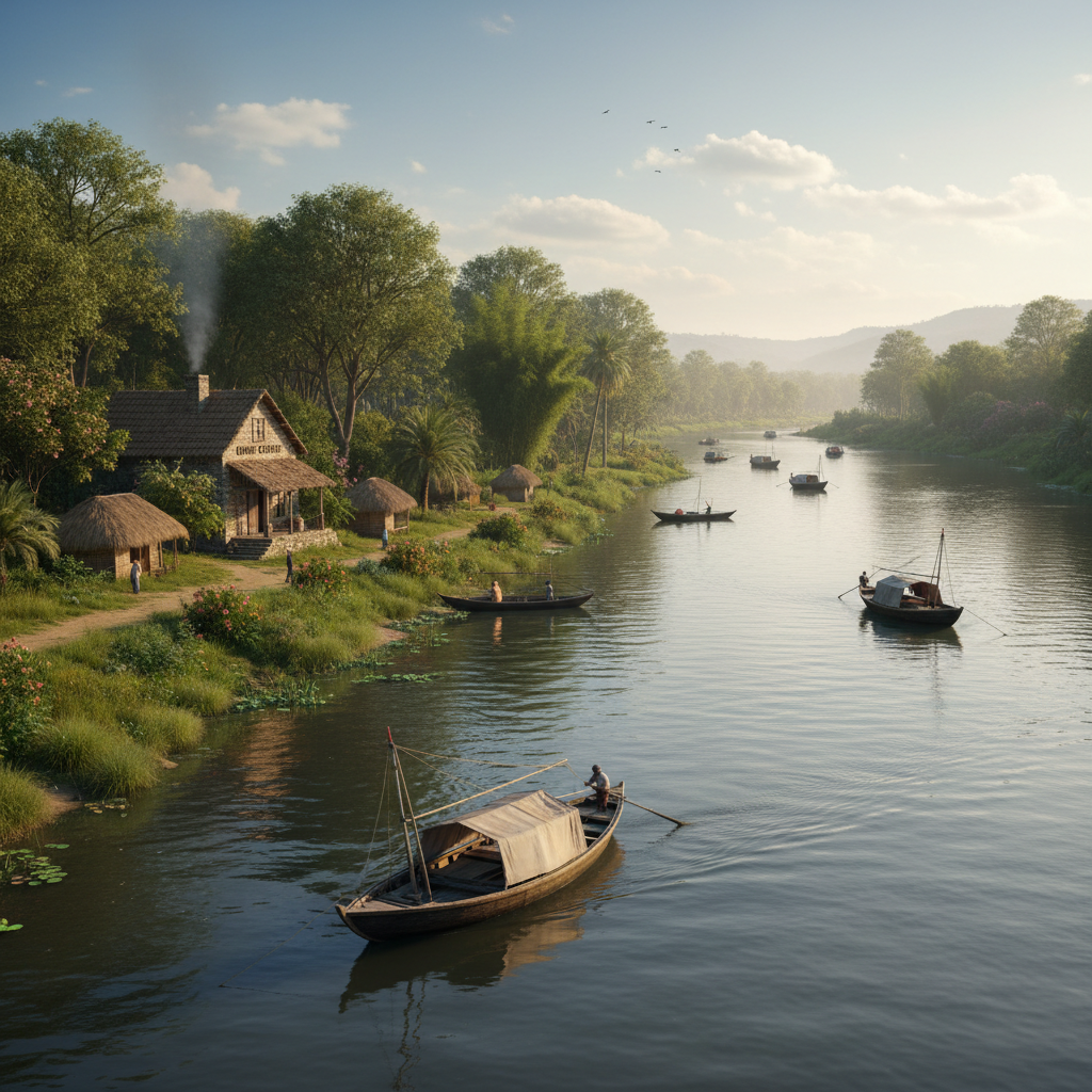 Ghaghara river flowing peacefully beside Omer Cottage with traditional fishing boats and natural riverbank ecosystem supporting local community