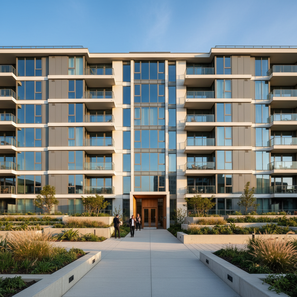Modern residential property exterior with bright daylight, clean contemporary architecture, well-maintained open landscaping