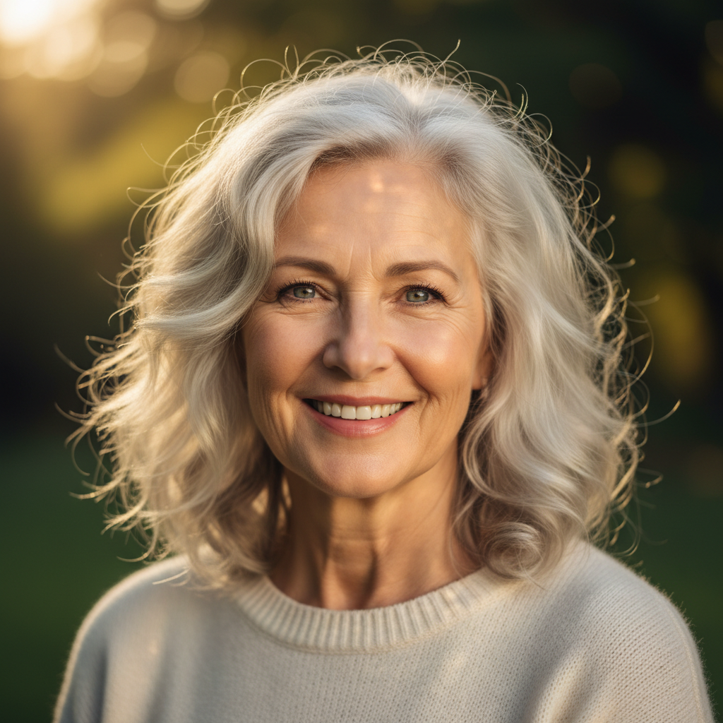A Polish-American woman in her 60s with silver hair smiling warmly outdoors