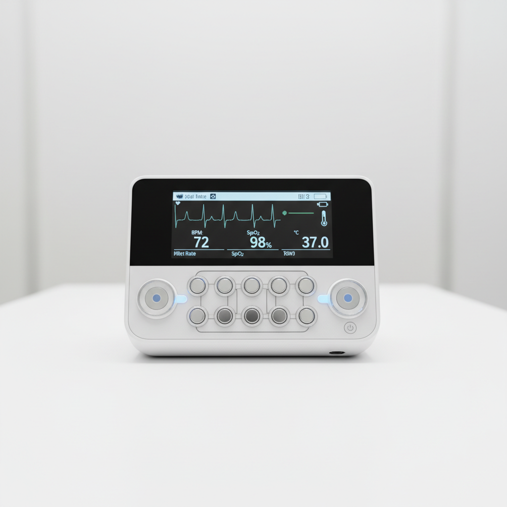 Vital signs monitoring devices including blood pressure cuff and pulse oximeter on white clinical surface
