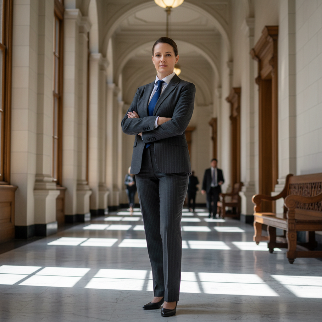 Attorney in professional suit walking confidently through dim courthouse corridor — dark atmospheric setting for white text overlay