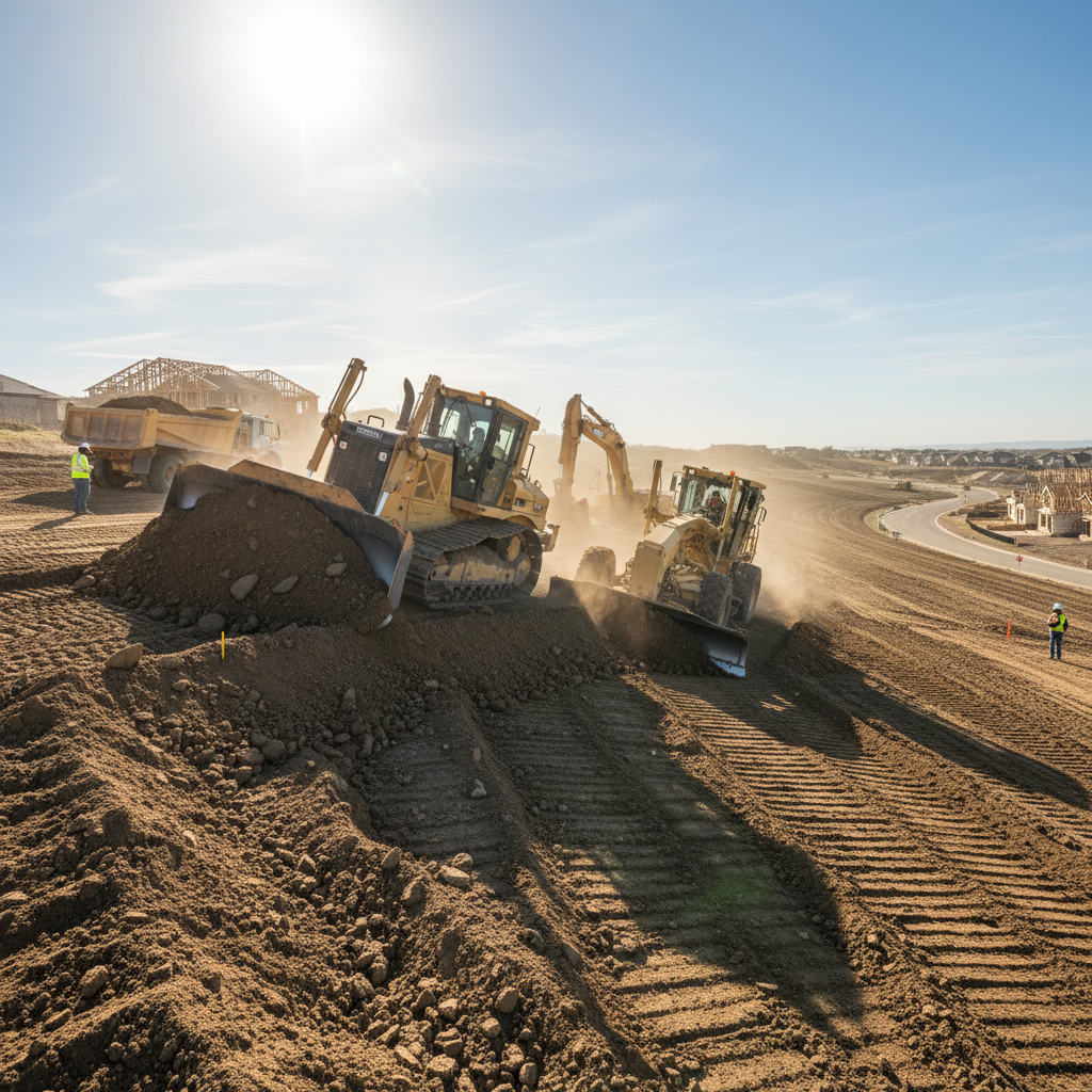 Heavy scraper machine on earthworks site, large open bowl, road construction preparation