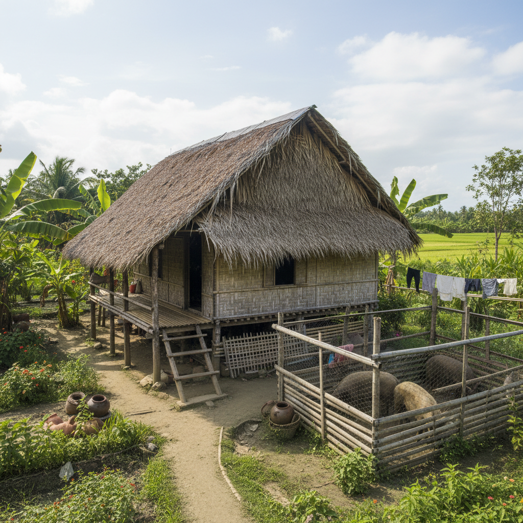 Filipino farmer in straw hat feeding pigs in traditional bamboo pen with green vegetation