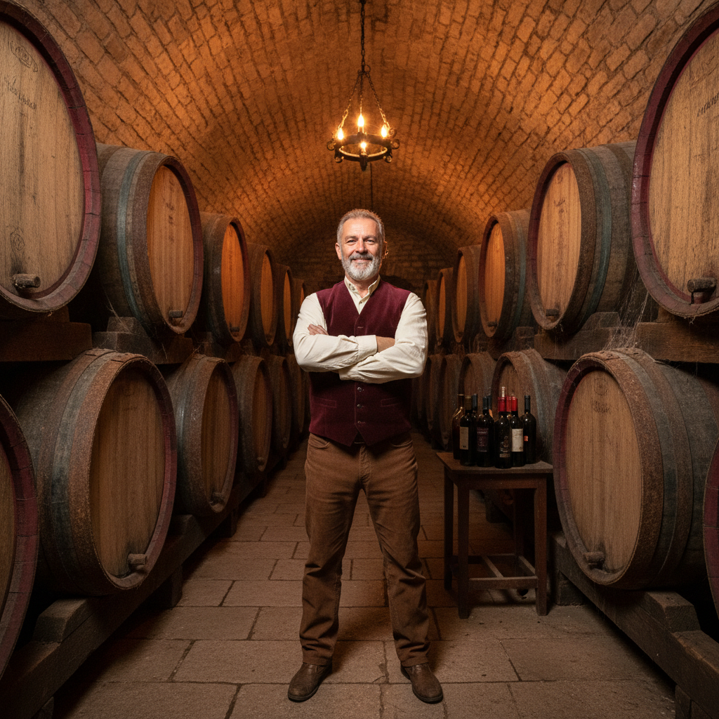 Reuben Ashcraft, man in his 40s with short beard standing among wine barrels